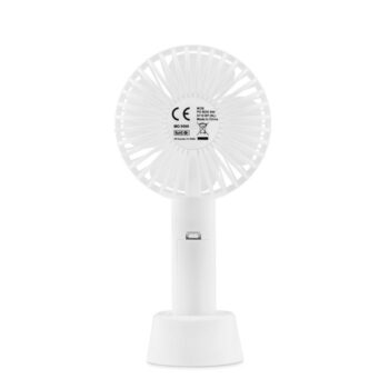 Small portable fan with additional stand to use as desk fan. 3 levels ofspeed. USB port rechargeable battery 2000 mAh.-Blanc-8719941039674-1