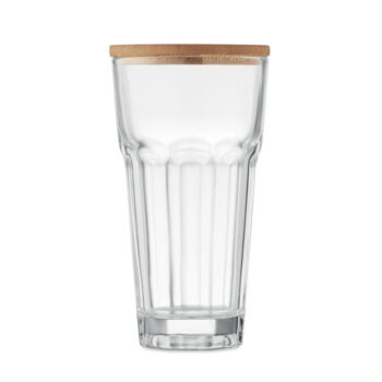 Gobelet en verre réutilisable avec couvercle en bambou qui peut également être utilisé comme sous-verre. Capacité : 300 ml.-Transparent-8719941056329-1