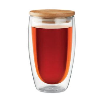 Verre borosilicate à  double paroi avec couvercle en bambou et anneau en silicone. Contenance 450 ml. Le bambou est un produit naturel